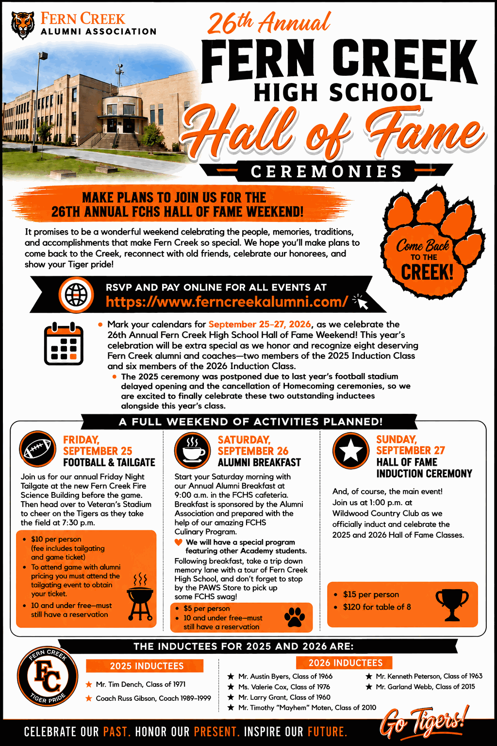 26th Annual Fern Creek High School Hall of Fame Ceremonies - September 25-27, 2026. Click for event details and registration.
