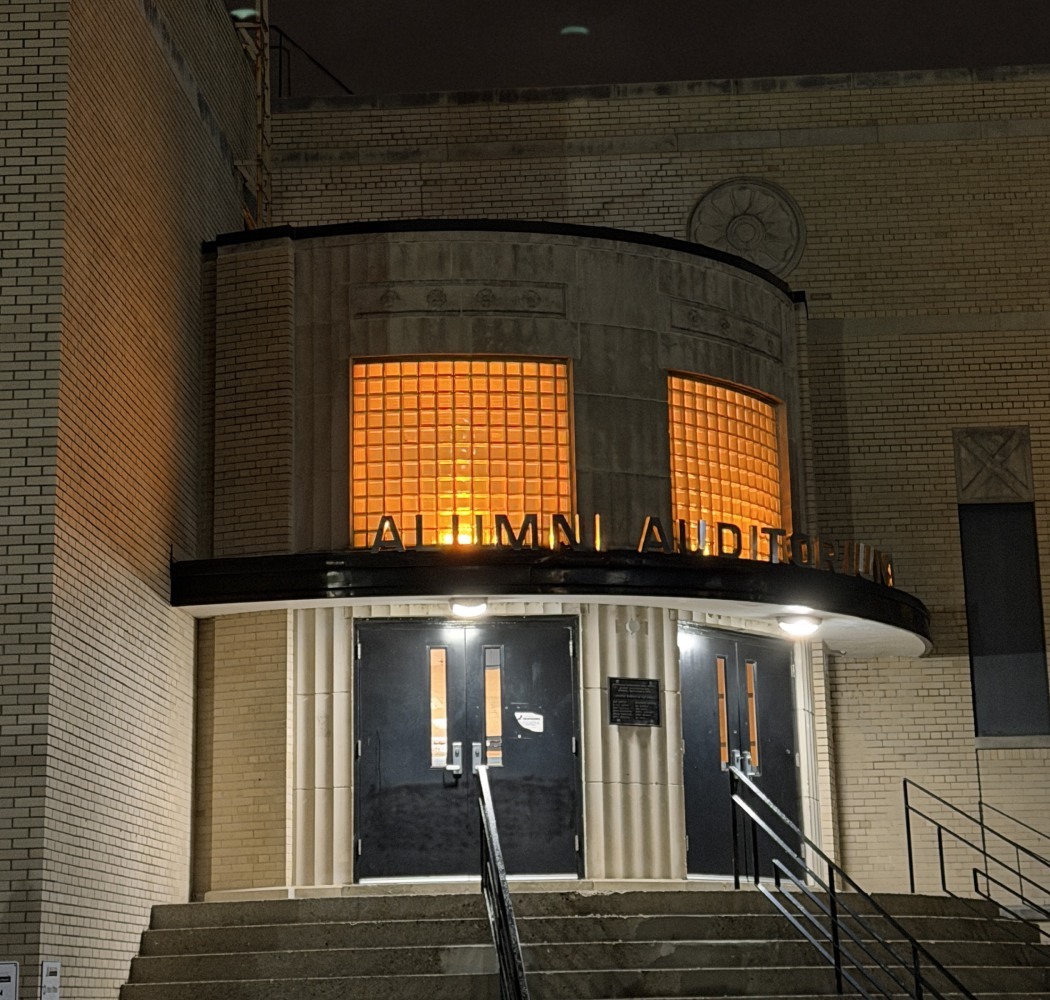 Recently restored orange auditorium lights at Fern Creek High School