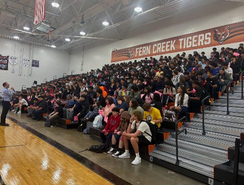 Fern Creek students gathered in the gymnasium bleachers for an assembly